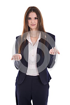 Pretty isolated young business woman explain something with her photo