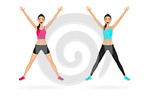 Pretty jumping girl in sportswear with hands up. Happy young woman characters set. Vector illustration.