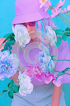 Pretty Kawaii Ladyl in bloom flowers. Trendy bucket hat. Summer Kisses you