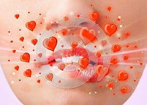 Pretty lady lips with lovely red hearts