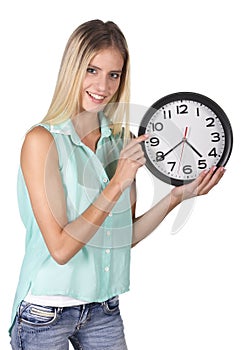 Pretty Lady Pointing to Clock