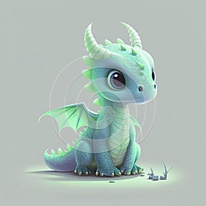 Pretty light blue dragon with big eyes, cartoon character.