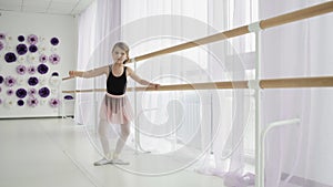 Pretty Little Ballerina In Pointe Practicing Dance At Classical Ballet School