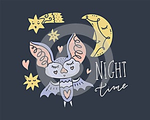 Pretty little bat, moon and stars. Hand drawn set of different elements. Lettering phrase. Vector illustrations