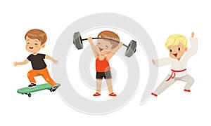 Pretty Little Boy Doing Sport Activity and Playing Sport Game Vector Set