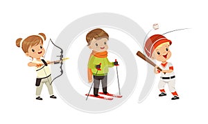 Pretty Little Boy and Girl Playing Sport Game Vector Set