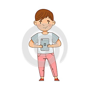 Pretty Little Boy Using Tablet PC as Electronic Gadget Vector Illustration