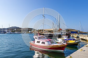 Pretty little fishing boats in the harbor of Lipsi island, Dodecanese, Greece