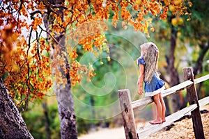 Pretty little girl on beauty autumn landscape background