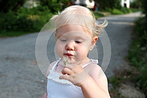 Pretty little girl blow on dandelion flower.