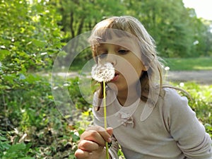 A pretty little girl draws air into her chest and blows off white fluffy dandelion seeds. A child with blond hair is dressed in a