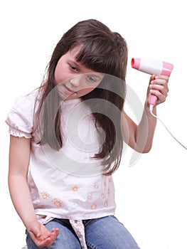 Child girl drying hair