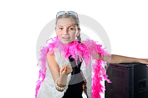 A pretty little girl with a pink feather boa