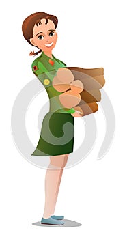 Pretty little girl in scout uniform with badges. Cheerful girl. Standing pose. Cartoon flat design in comic style