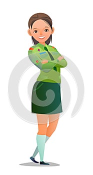 Pretty little girl in scout uniform with badges. Cheerful girl. Standing pose. Cartoon flat design in comic style