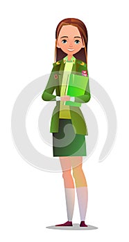 Pretty little girl in scout uniform with badges. Cheerful girl. Standing pose. Cartoon flat design in comic style