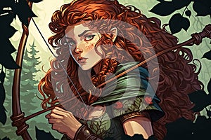 Pretty Manga girl with curly hair and a bow and arrow, hunting for wild game in the forestillustration generative ai photo