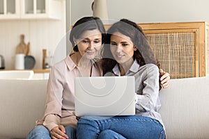 Pretty mature woman and grownup daughter using laptop