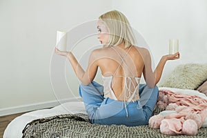 Pretty meditative woman resting at home