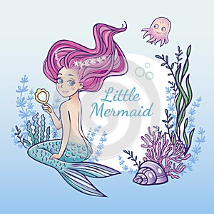 Pretty mermaid girl with mirror on underwater world with corals and fish background color