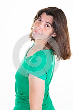 Pretty middle aged woman smile positively at camera poses against white background