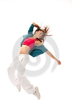 Pretty modern slim hip-hop style woman dancing