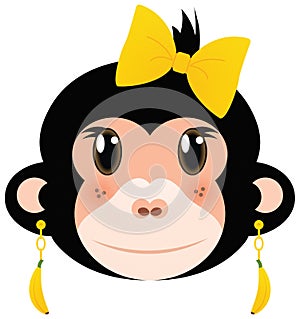 Pretty Monkey Girl in Banana Earrings and Yellow Hair Bow Isolated on White with Clipping Path