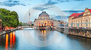 Pretty night time illuminations of the Museum Island in Berlin,