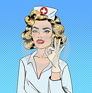 Pretty Nurse in Pop Art Style Gesturing Okay