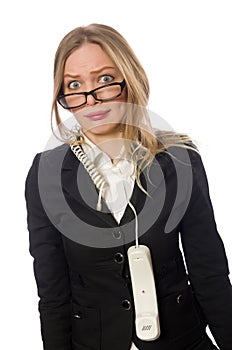 The pretty office employee holding phone isolated