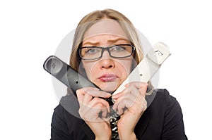 The pretty office employee holding phone isolated