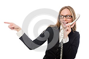 The pretty office employee holding phone isolated