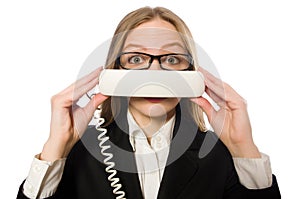 The pretty office employee holding phone isolated