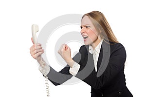 The pretty office employee holding phone isolated