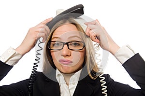 Pretty office employee holding phone isolated on