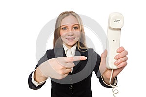 Pretty office employee holding phone isolated on