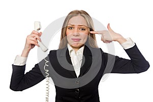 Pretty office employee holding phone isolated on