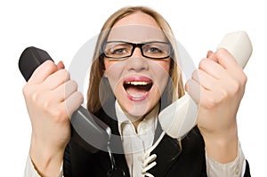 Pretty office employee holding phone isolated on