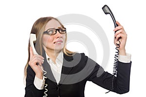 Pretty office employee holding phone isolated on