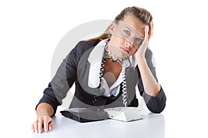 Pretty office manager speaking on phone isolated