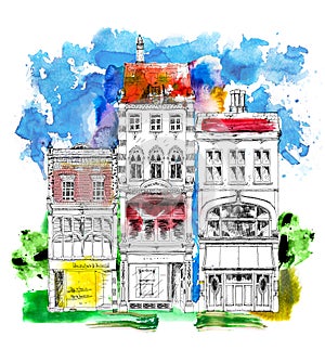 London, Pretty old house, Sketch with colourful water colour effects