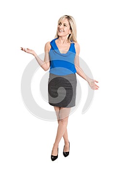 Pretty older isolated woman smiling and gesturing with her hands