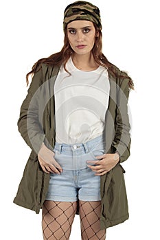 Pretty parka coat wearing grunge, rock punk girl in a long oversized white t-shirt with a blank space ready for your design