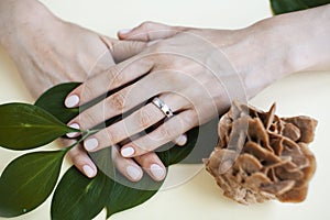 Pretty perfect woman hands with white manicure and green leaf on colorful background with wood, spa cosmetic concept