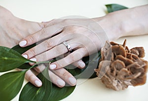 Pretty perfect woman hands with white manicure and green leaf on colorful background with wood, spa cosmetic concept