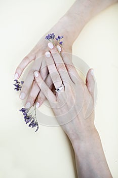 Pretty perfect woman hands with white manicure and little flowers on colorful yellow background, spa concept