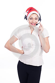 Pretty phone operator in Santa hat isolated over white