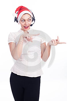 Pretty phone operator in Santa hat isolated over white