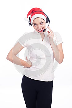 Pretty phone operator in Santa hat isolated over white