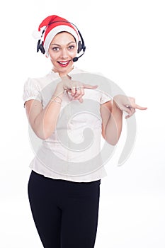 Pretty phone operator in Santa hat isolated